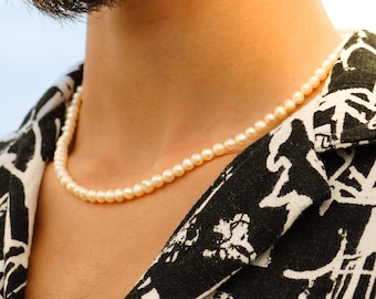 Chaîne de perles d'eau douce pour homme - Chaîne de vraies perles - Collier de perles pour homme - Taille de perle de 5-6 mm - Longueur réglable de 45 + 5 cm - Chaîne d'été pour homme