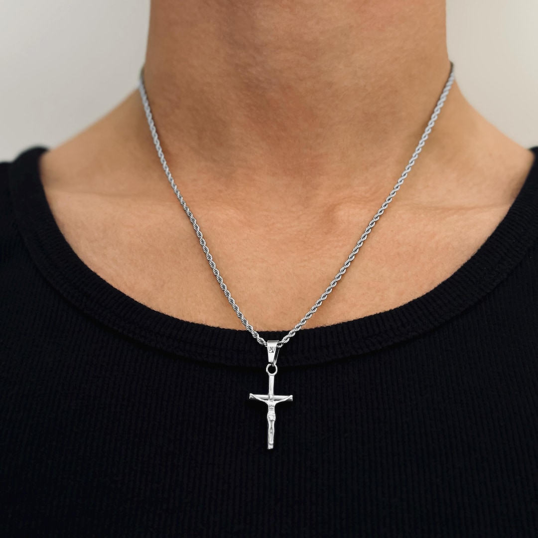 Jesus Cross Chain Men - 2mm Rope Chain - Jesus Necklace - Crucifix ...