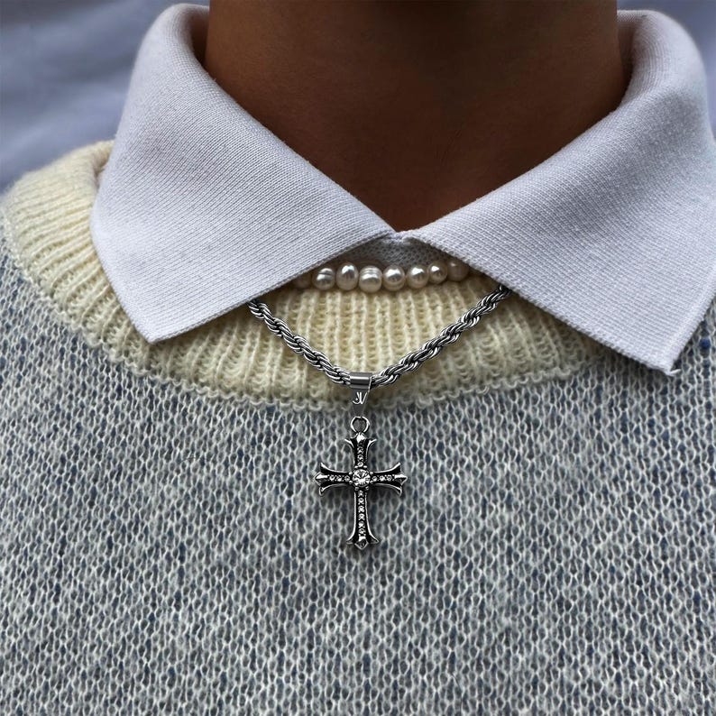 Y2K Iced Out Kette Silber für Männer, Kreuz Anhänger