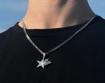 Galaxy Stern Kette Herren - 4mm Kubanische Gliederkette - Stern Halskette - Stern Anhänger Herren - 50-60cm Größe - Streetwear Schmuck - Geschenkidee Herren