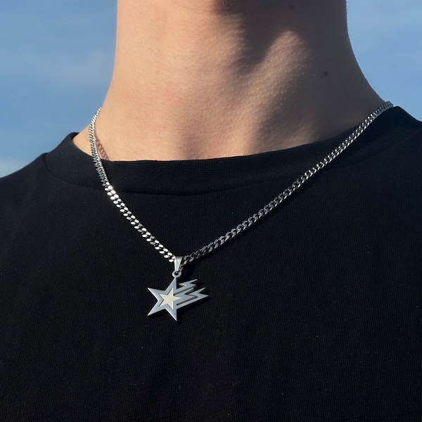 Galaxy Stern Kette Herren - 4mm Kubanische Gliederkette - Stern Halskette - Stern Anhänger Herren - 50-60cm Größe - Streetwear Schmuck - Geschenkidee Herren