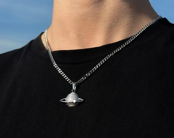 Planet Chain Silver Men - 4mm Cuban Link Chain - Saturn Necklace Men - Planet Pendant Silver - Streetwear Jewelry - 50-60cm - Gift for Men