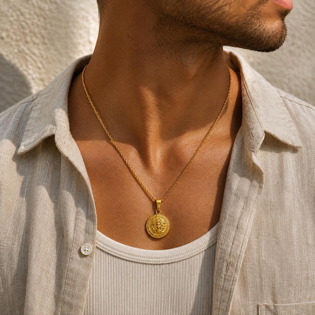 Medusa Necklace Men - 2mm Rope Chain - Snake Head Pendant - Greek