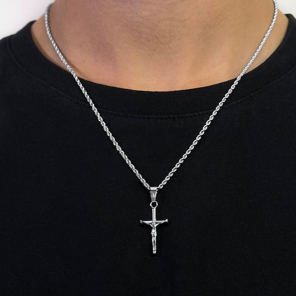 Jesus Kreuz Kette Silber Männer - 2mm Seil Kette - Jesus Halskette Männer - Jesus Kruzifix Anhänger - Konfirmation Kreuz - Religiöser Schmuck