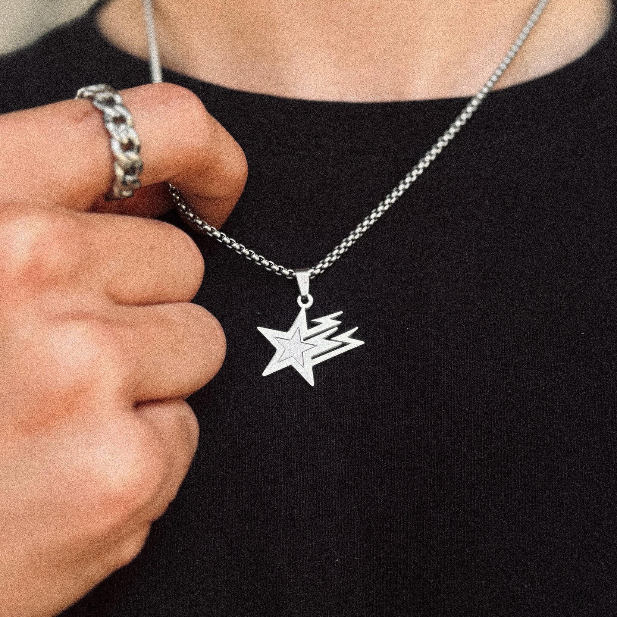 Galaxie Stern Kette Herren - Box Kette Silber - Stern Halskette Silber - Stern Anhänger Herren - Streetwear Schmuck - Nicht Abfärbend