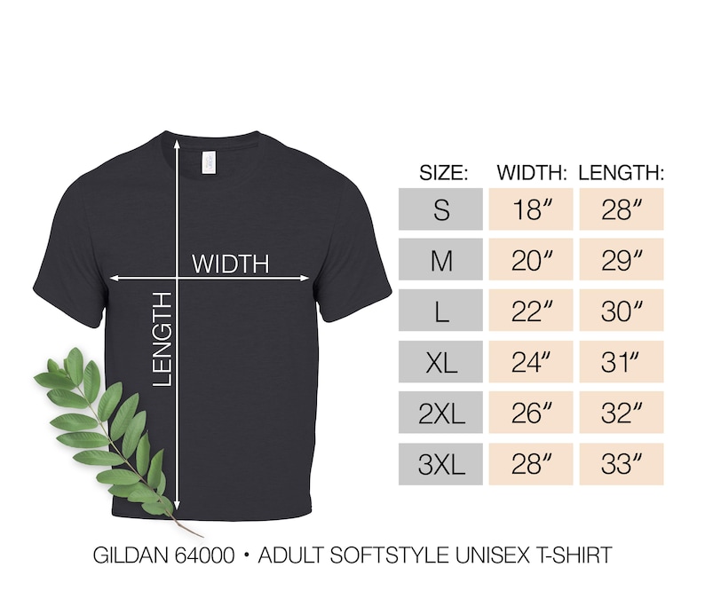 May include: A dark grey Gildan 64000 adult softstyle unisex t-shirt. The image shows size measurements: Small (45.7cm width, 71.1cm length), Medium (50.8cm width, 73.7cm length), Large (55.9cm width, 76.2cm length), and more.