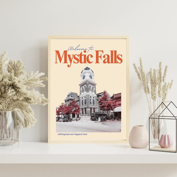Mystic Falls Poster - Vampire Diaries Digital Print, TVD Wall Art, Elena Damon Stefan, Printable Town Sign, TVD Fandom Decor