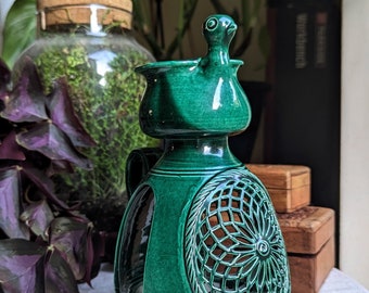 Vintage Handmade Majolica Green Ceramic Wax Melt Burner,  Bird Shaped with Geometrical Patterns, 1960-1980