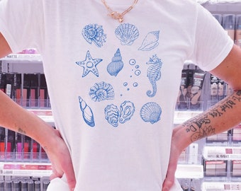 T-shirt bébé des années 90, t-shirt collage océan, coquillages, huîtres, haut graphique de plage d'été, noyau de sirène, haut grand-mère côtière des années 2000