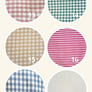 May include: Six circular fabric swatches labeled 13 through 18. Swatches 13, 14, 15, and 17 feature gingham check patterns in pink, green, tan, and blue. Swatch 16 displays horizontal pink and white stripes, while swatch 18 is solid white.