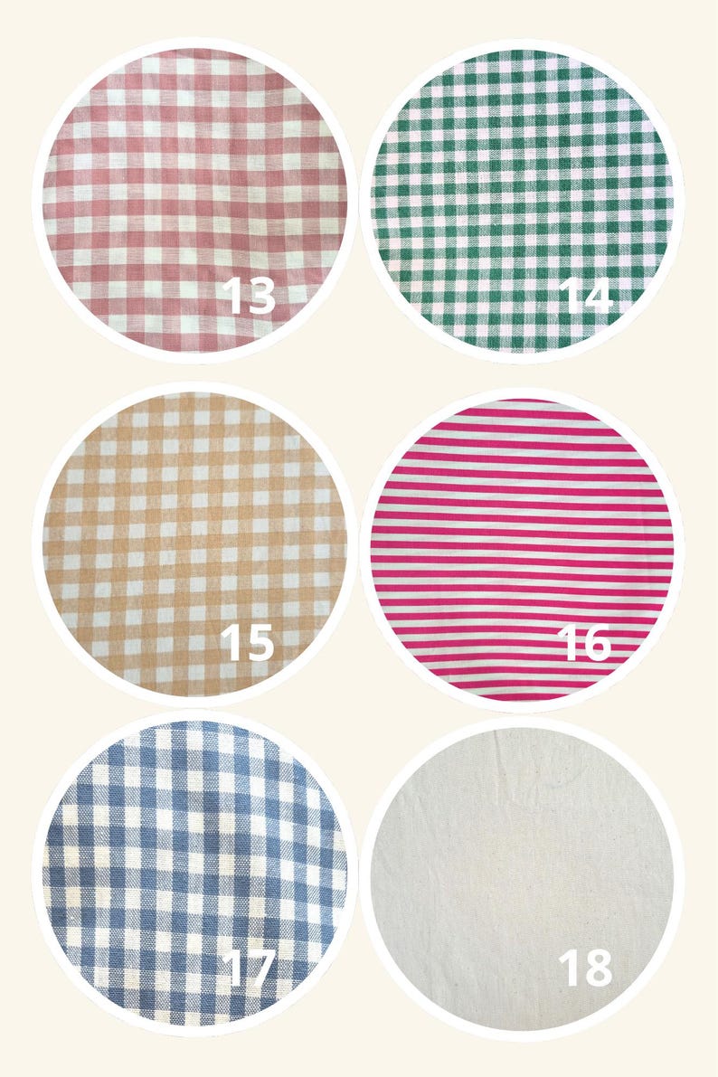 May include: Six circular fabric swatches labeled 13 through 18. Swatches 13, 14, 15, and 17 feature gingham check patterns in pink, green, tan, and blue. Swatch 16 displays horizontal pink and white stripes, while swatch 18 is solid white.