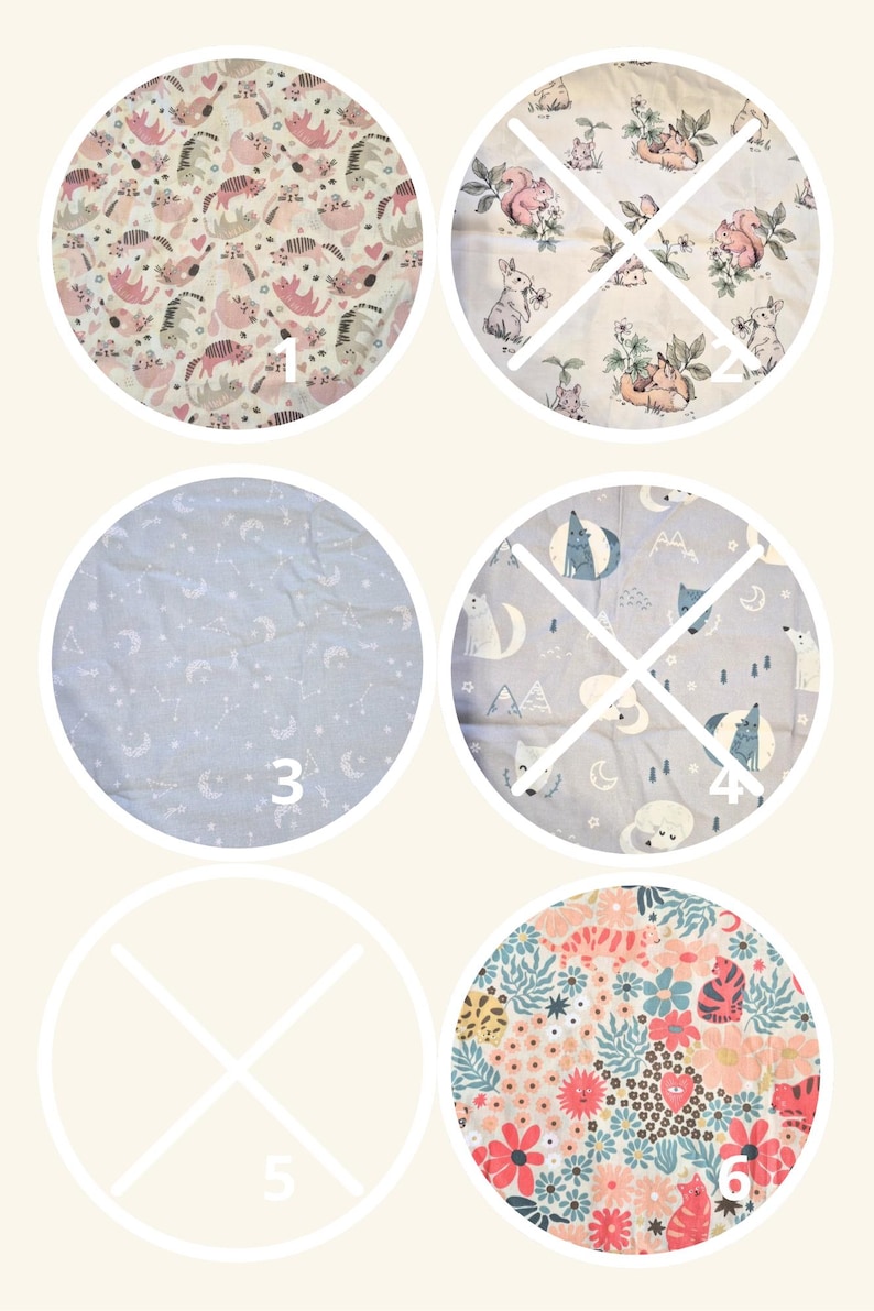 May include: A collection of six circular fabric swatches featuring various patterns: pink and grey animals, woodland creatures, white celestial motifs on blue, wolves and moons, a blank space, and a vibrant floral print with small tigers.