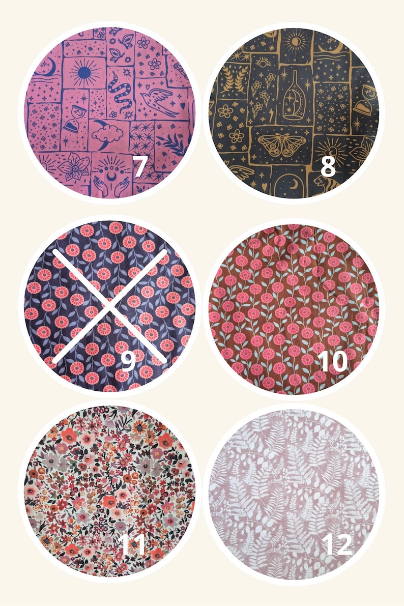 May include: Six circular fabric swatches featuring various patterns: 7 is pink with dark blue celestial icons, 8 is black with gold celestial motifs, 9 and 10 show pink flowers on dark backgrounds, 11 has a dense floral print, and 12 features white ferns.
