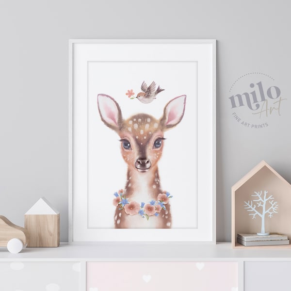 Deer Animal Print Watercolor Painting for Neutral Nursery Decor - Nursery Wall Art