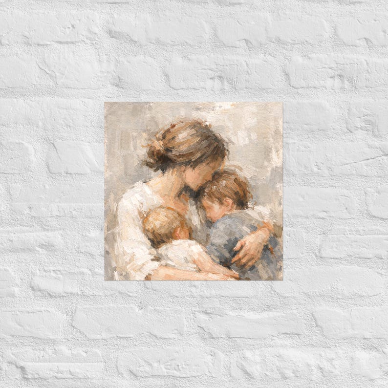 PosterMother and Two Children Print, Figurative Family Art, Motherhood, Nursery, Cozy Home Decor