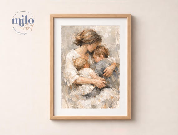 Mother and Two Children Art Print, Gentle Motherhood Giclée, Nursery Wall Decor