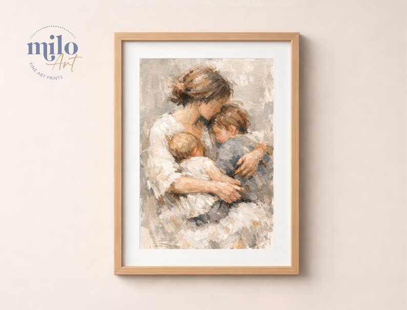 Mother and Two Children Print, Figurative Family Art, Motherhood, Nursery, Cozy Home Decor