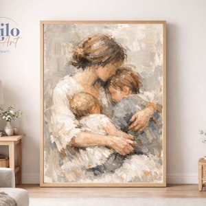 Mother and Two Children Print, Figurative Family Art, Motherhood, Nursery, Cozy Home Decor