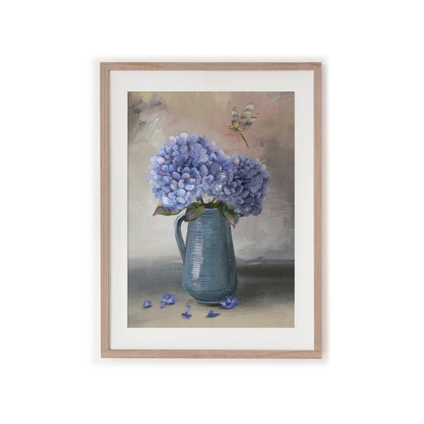 Blaue Hortensie und Libelle Kunstdruck , Stielleben Wanddekor, Botanische Malerei, Küchen Poster