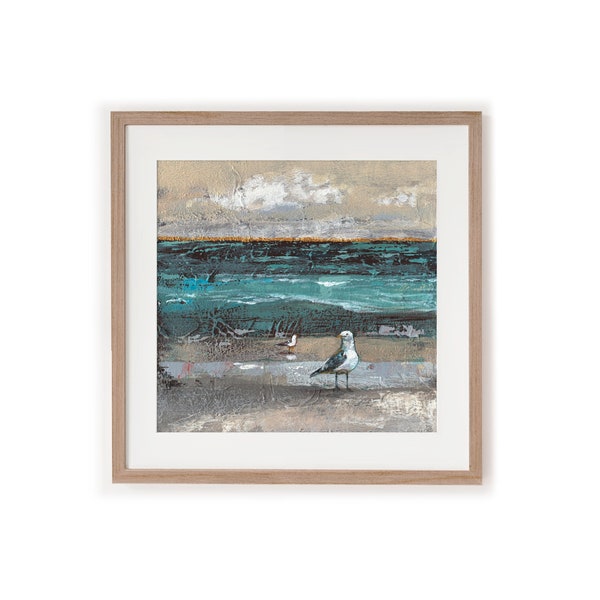 Strand Möwen, Neutrale Küstenwandkunst Meer Bild Strand mit Möwen Meer Landschaft Meer Statement, Gemälde Druck Poster KUNSTDRUCK