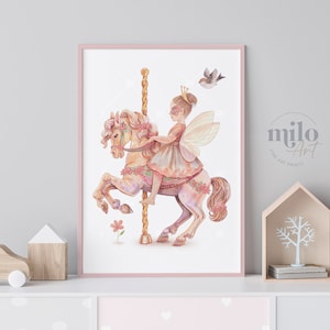 Fee auf Karussellpferd Druck, Original-Aquarellmalereien, Zirkusdruck, Feenkinderzimmer, Dekoration für Mädchenzimmer, Taufgeschenk
