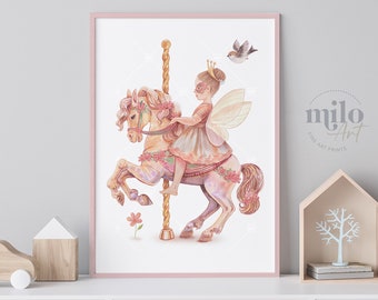 Fee auf Karussellpferd Druck, Original-Aquarellmalereien, Zirkusdruck, Feenkinderzimmer, Dekoration für Mädchenzimmer, Taufgeschenk