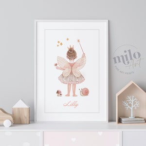 Impresiones de hadas personalizadas para guardería con nombre personalizado, pintura de acuarela para habitación de niños, regalos para niñas, arte de pared para guardería