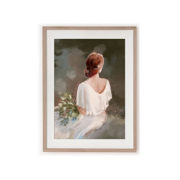 Junge Frau Frau in weißes Kleid von hinten mit Blumen, Print Poster, Vintage-Stil Portrait Ölgemälde, Bauernhaus-Wand-Deko