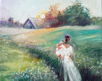 Mother Walking Child in Field - Unique Oil Painting Gift, figurative art, Mother's Day Art, field landscape, unique paintings