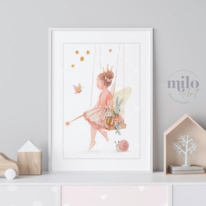 Hada en el columpio, pintura de acuarela original para la habitación de los niños, póster para la habitación de las niñas, regalos únicos para niñas, arte de pared para guardería