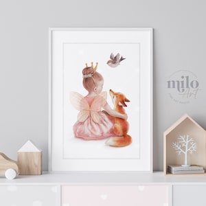 Poster Fee mit Fuchs | Poster Kindergarten | Fee, Fuchs und Vogel | Mädchen Kinderzimmer Dekor
