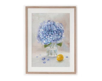 Blue hydrangea and lemon art print, Still life wall decoration, botanical painting, kitchen poster