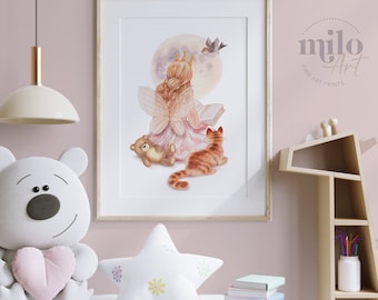 Impresión artística de acuarela de un hada leyendo un libro - Decoración para habitación de niña
