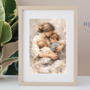 Mother and Two Children Print, Figurative Family Art, Motherhood, Nursery, Cozy Home Decor