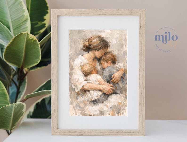 Mother and Two Children Print, Figurative Family Art, Motherhood, Nursery, Cozy Home Decor