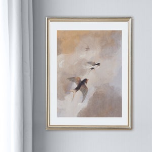 Dipinto di rondini volanti, cielo al tramonto, stampa di stormi di uccelli, arte murale al tramonto, semplici uccelli in volo, arte degli uccelli