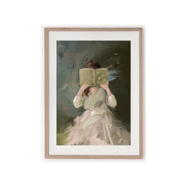 Poster imprimé fille lisant un livre - Couleurs neutres tamisées - Art mural de haute qualité | Art figuratif, impressions d'art mural