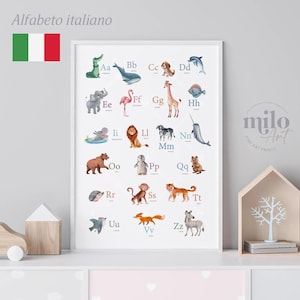 Láminas del alfabeto italiano de animales, póster del alfabeto italiano, póster del alfabeto, arte educativo, decoración de la habitación de los niños, alfabeto italiano, arte de pared para guardería