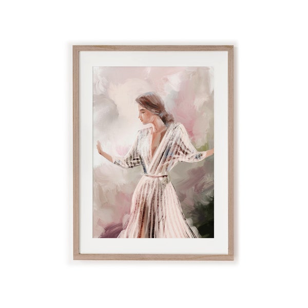Porträt einer Frau im Kleid mit Streifen | Illustrationsmalerei | Gedeckte neutrale Farben Altrosa | Gemälde KUNSTDRUCK