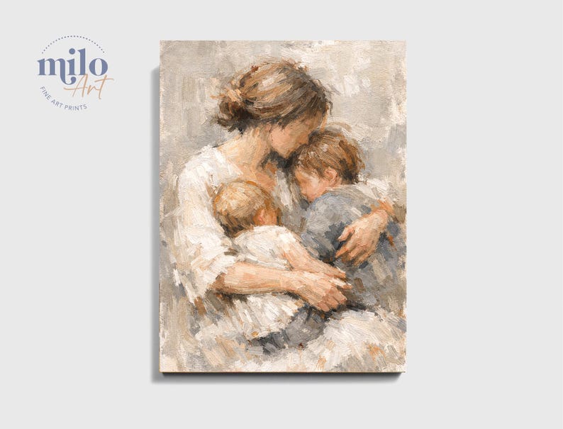 Mother and Two Children Print, Figurative Family Art, Motherhood, Nursery, Cozy Home Decor