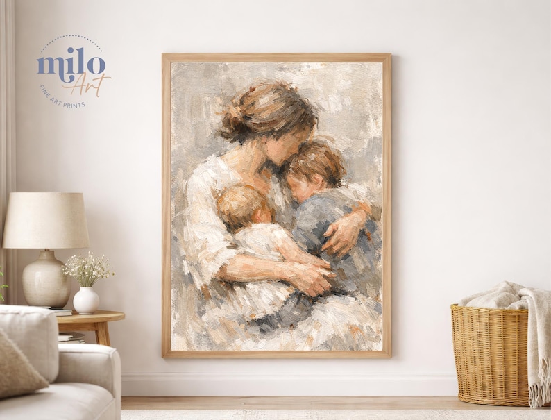 Mother and Two Children Print, Figurative Family Art, Motherhood, Nursery, Cozy Home Decor