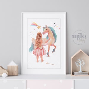 Einhorn-Fee-Poster, Aquarell-Kunstdruck, Märchen Drucke für Mädche, Märchen Dekoration, einzigartiger Einhorn-Druck, Geschenk für Mädchen