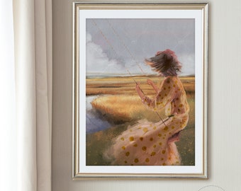 Impressão artística de menina no balanço | Pintura a óleo original, decoração de fazenda