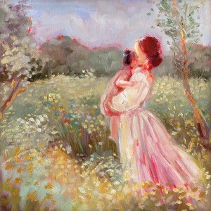 母性アートオリジナル油絵、朝の光の中の母と子の風景、母の日ギフト、手描きの印象