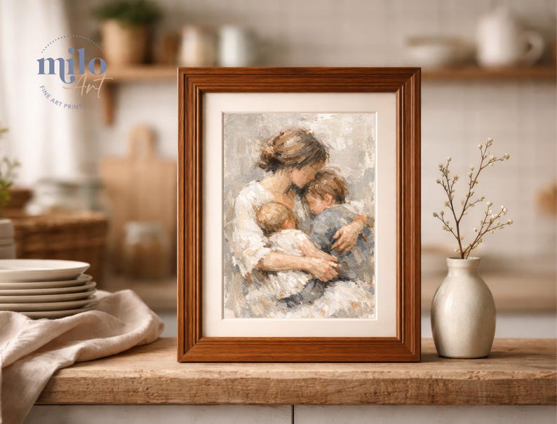 Mother and Two Children Print, Figurative Family Art, Motherhood, Nursery, Cozy Home Decor