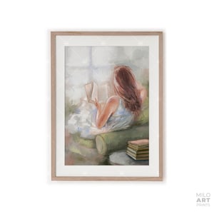 Frau liest ein Buch, Original-Gemäldedrucke, Geschenk für Buchliebhaberinnen, gedämpfte Farbkunst, figurative Kunst, Wandkunstdrucke