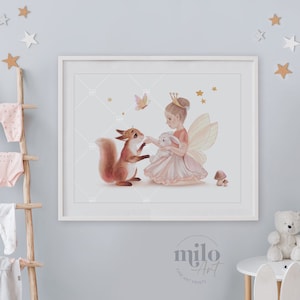 Impresiones de hadas y ardillas / Impresión de animales del bosque / Pintura de acuarela original para póster de habitación de niñas, regalos para niñas, arte de pared de guardería