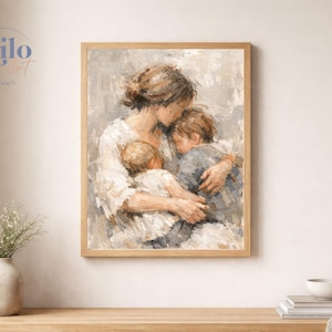 Mother and Two Children Print, Figurative Family Art, Motherhood, Nursery, Cozy Home Decor