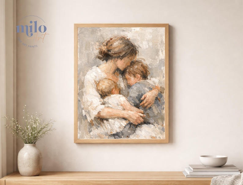 Mother and Two Children Print, Figurative Family Art, Motherhood, Nursery, Cozy Home Decor