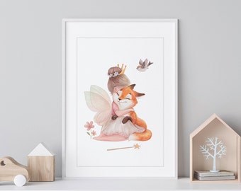 Fairy and Fox Nursery Art Print: Pink Baby Girl Room Decor